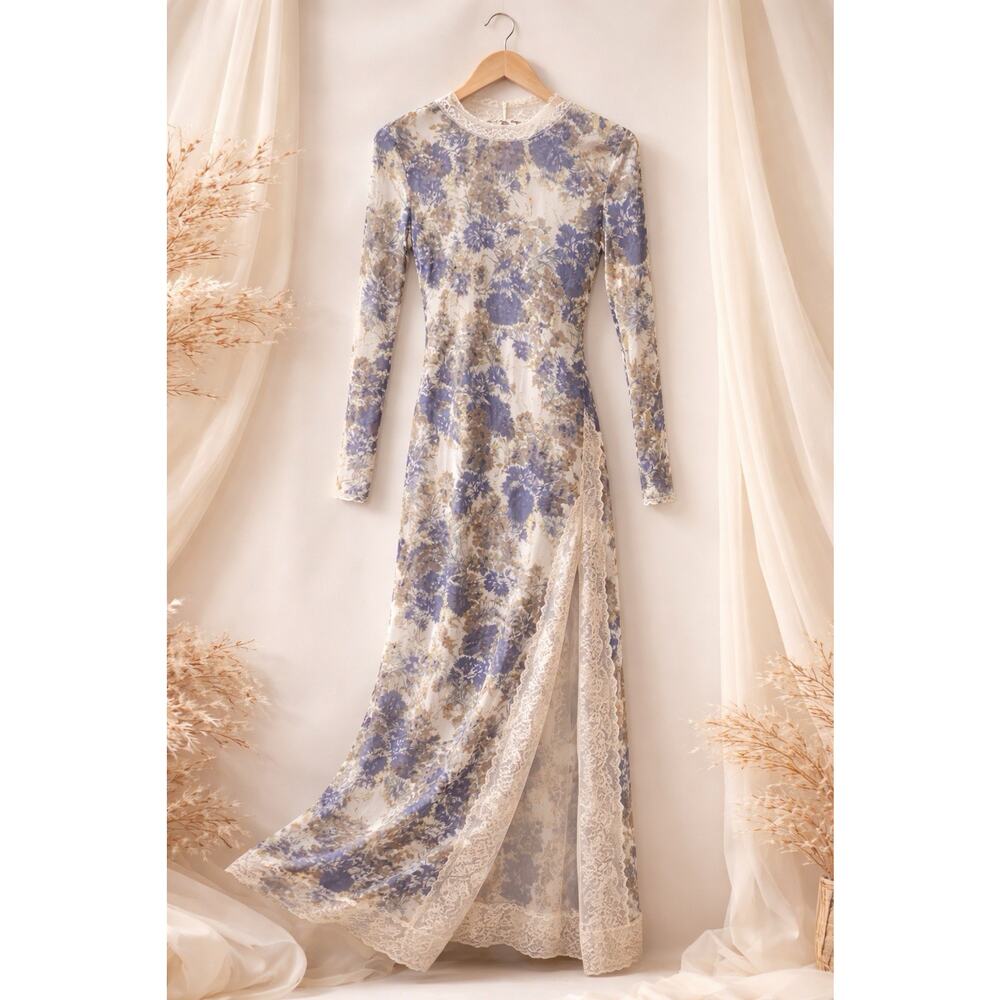 Vintage Kimchi Blue Blue White Floral Mesh Maxi Dress Lace Trim Sheer Boho M